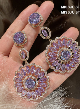 奢华！欧美夸张圆盘花朵镶钻耳环耳坠超闪紫色锆石重工复古礼服配