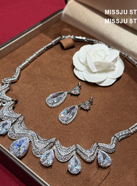 奢华新款重工波浪线镶钻水滴吊坠项链耳环套装主持礼服婚纱晚宴