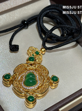 新中式国风如意绿葫芦项链罗盘吊坠古法金玉满堂项链女黑色编绳