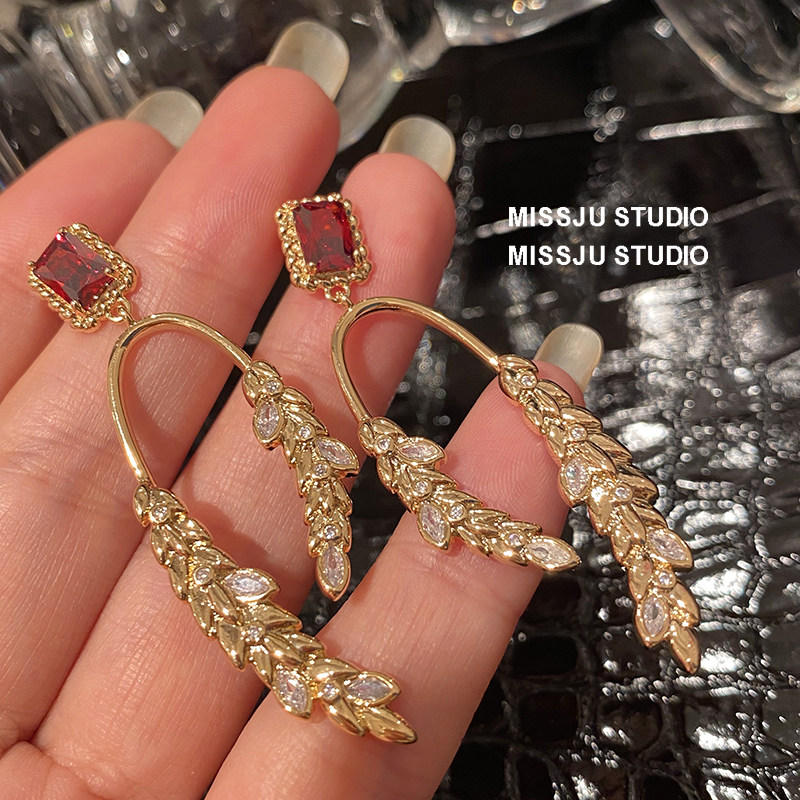 红宝石金色麦穗耳环女潮人网红蹦迪耳饰气质高级感简约显脸瘦耳坠