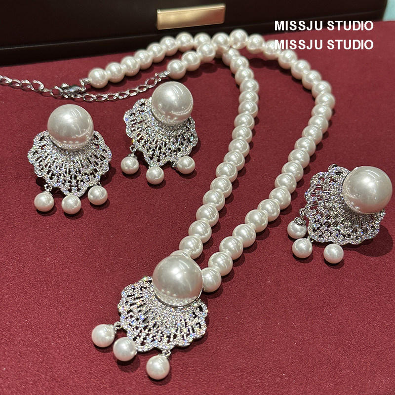 璀璨如你满钻密镶锆石珍珠平安锁形镶钻流苏耳环项链戒指套装时尚