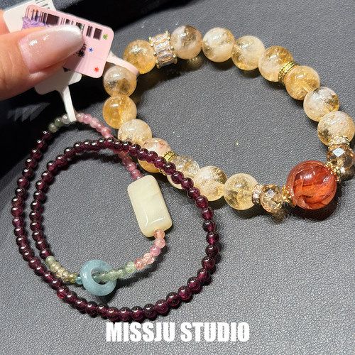 紫牙乌石榴石手链手饰黄塔晶手串女简约水晶碧玺日进斗金招财