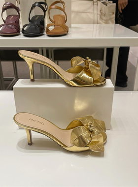 Arezzo巴西专柜正品代购进口春夏新款金色牛皮花朵细高跟凉拖