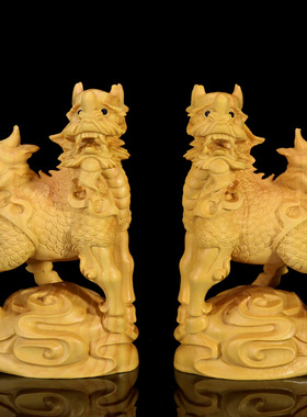 黄杨木客厅木雕招财麒麟摆件一对