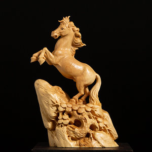 黄杨木创意中式实木家用客厅装饰马雕刻手工艺品木雕摆件立马当先