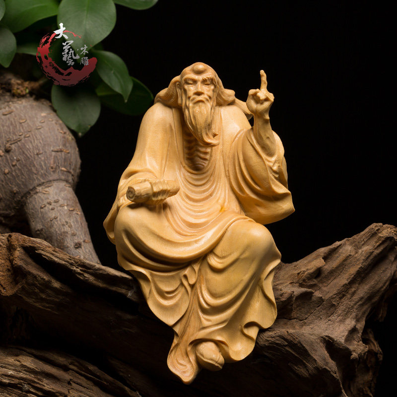 小叶黄杨木雕茶宠摆件居家饰品禅意雕刻工艺收藏艺术老子一指问天