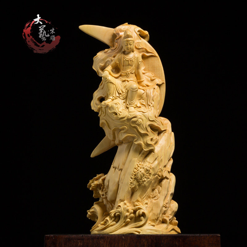 黄杨木人物小摆件水月观音工艺品