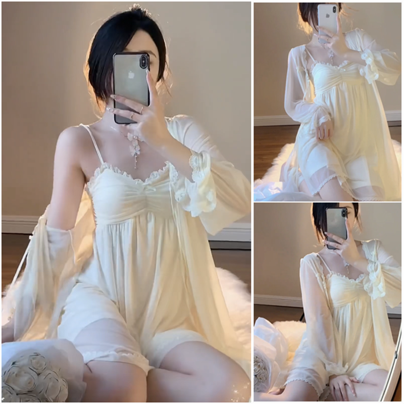 睡衣女款2026新款春夏季可外穿自带胸垫蕾丝大码睡裙家居服套装