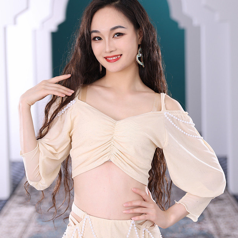 肚皮舞灯笼袖练功服上衣 新款初学者东方舞蹈练习服性感露肩长袖