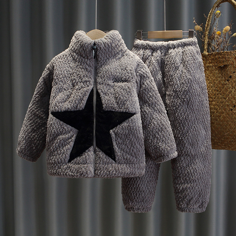 儿童睡衣男童冬季珊瑚绒三层夹棉加绒加厚秋冬款男孩中大童家居服