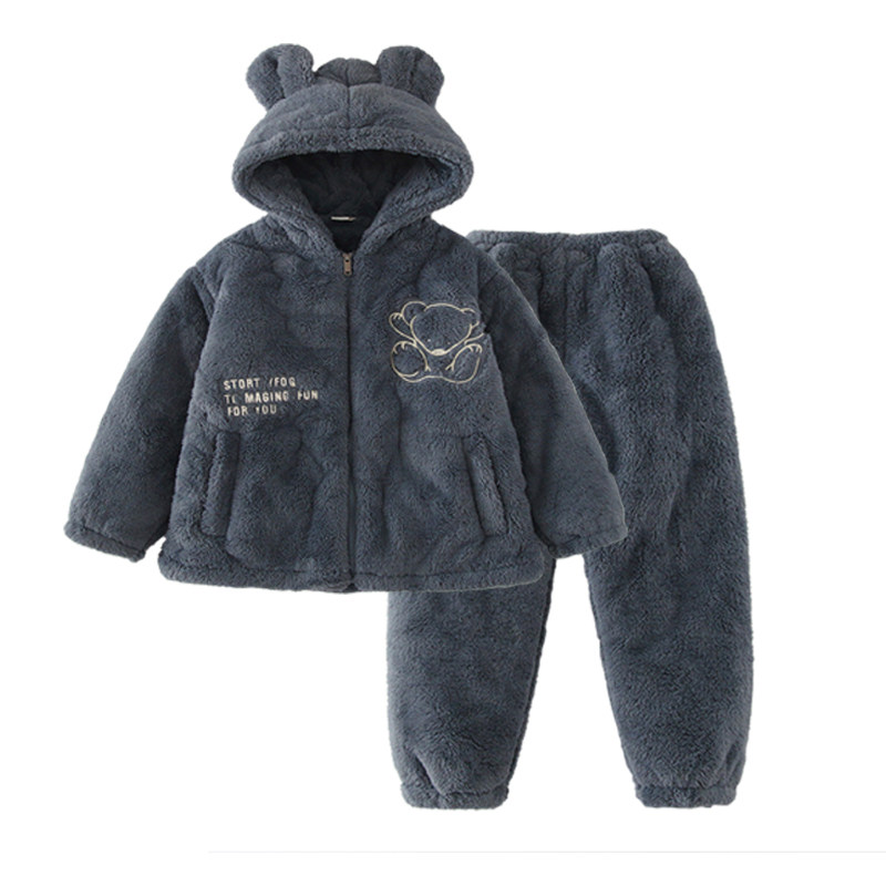 亲子睡衣冬季加厚珊瑚绒三层夹棉男女孩连帽保暖儿童家庭装家居服