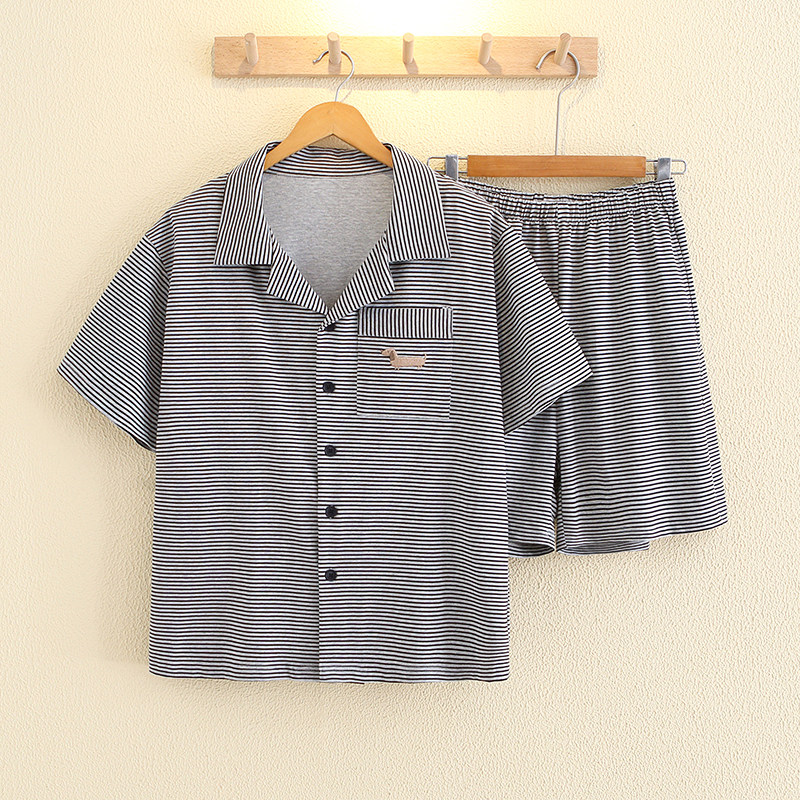 男士衬衫领睡衣套装夏季纯棉家居服女士高级感条纹日式亲子情侣