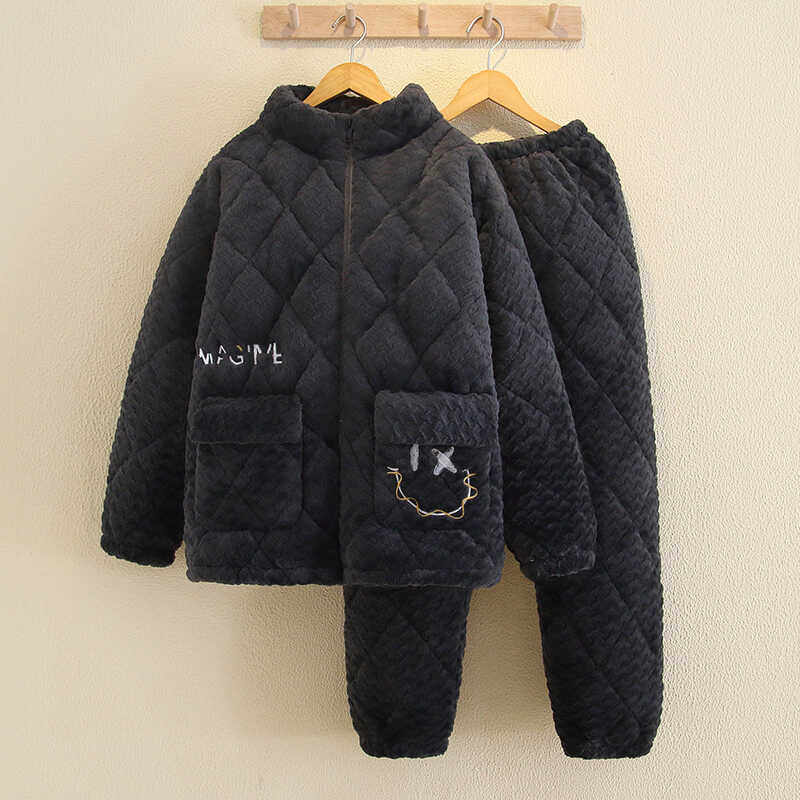 睡衣男款冬季加厚加绒三层夹棉男士冬款超厚珊瑚绒立领家居服套装