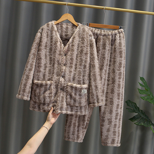 亲子春秋冬季加厚睡衣法兰绒情侣珊瑚绒家居服日式暖和纽扣可外穿