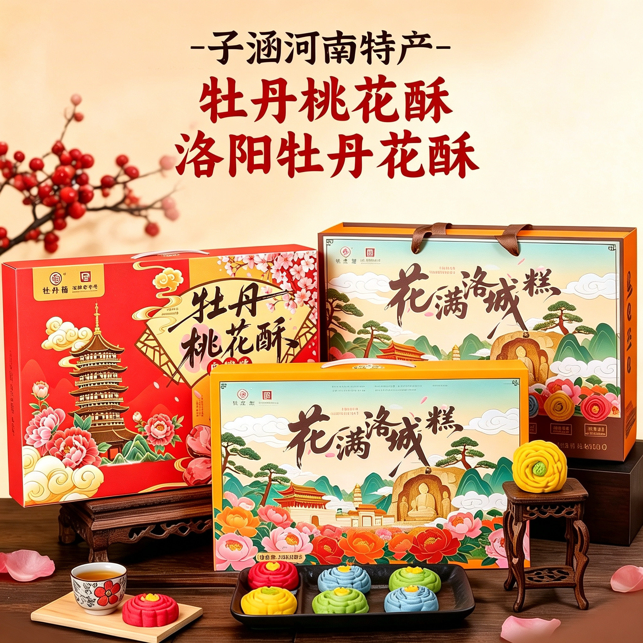 洛阳特产牡丹花酥糕点心牡丹福老字号手工糕点礼盒旅游伴手礼品盒