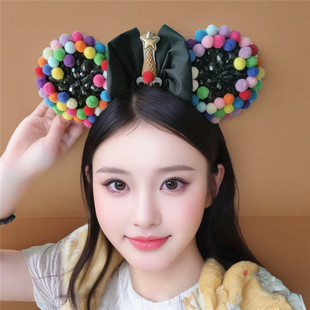 新款儿童成人通用漂亮可爱发箍耳朵蝴蝶结彩色毛球压发夹头饰欧美