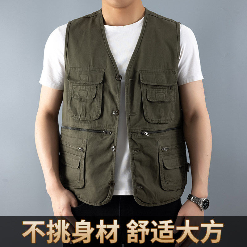 春秋户外中老年多口袋男士摄影全棉马夹纯棉马甲男式背心记者钓鱼