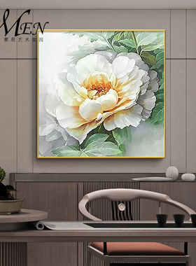 大芬村白色牡丹花卉油画客餐厅纯手绘新中式轻奢现代简约装饰挂画