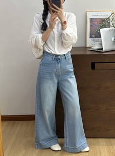 显瘦垂感长裤 欧洲站2026年春装 女韩版 浅蓝色水洗牛仔直筒裤 潮 新款