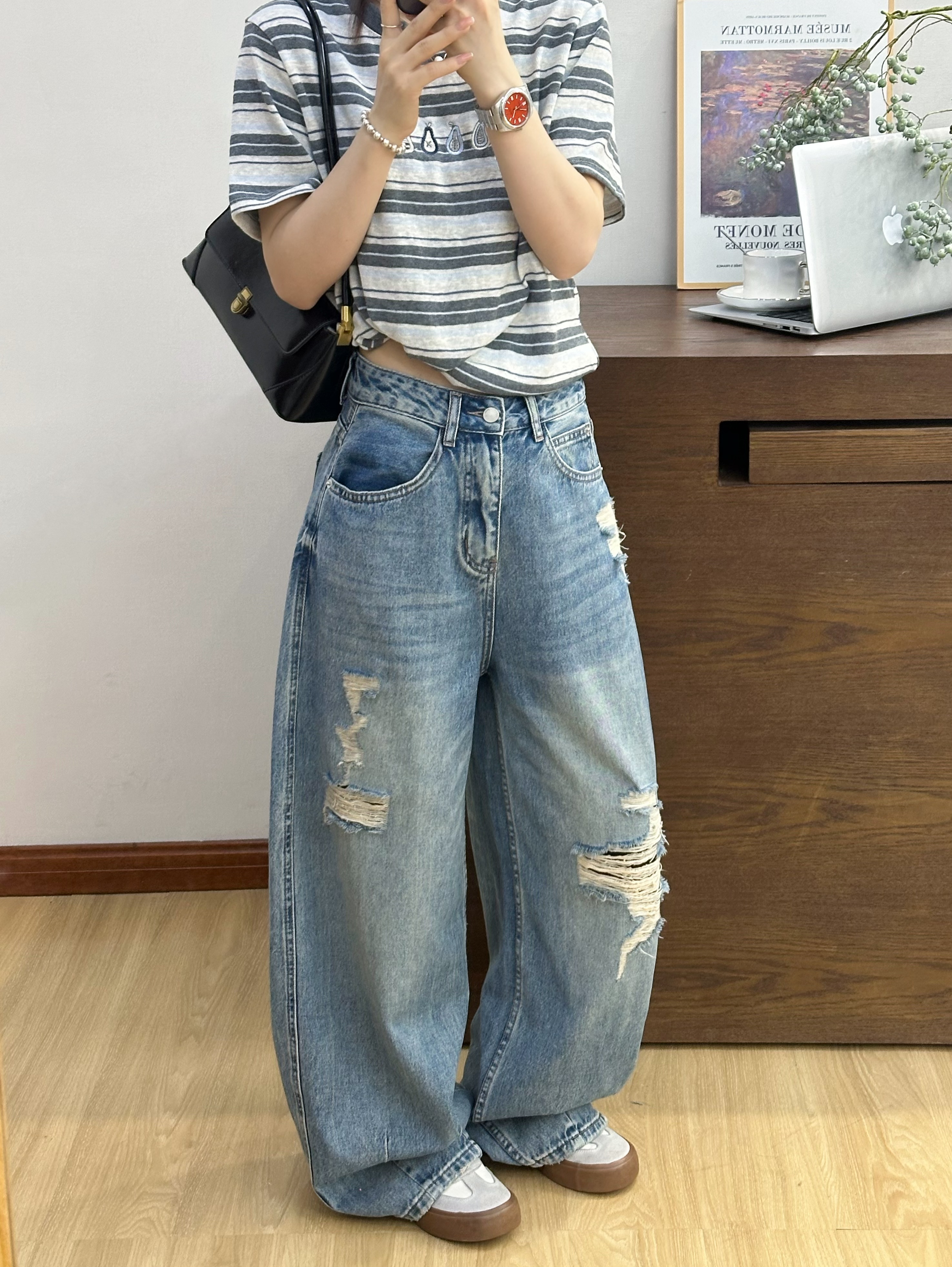 怀旧水洗破洞衫蓝色牛仔阔腿裤女欧洲站2026年春装新款休闲长裤潮