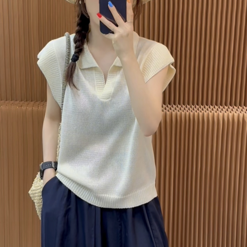 欧洲站2025年夏季新款时尚翻领盖肩袖天丝麻针织衫女洋气显瘦上衣