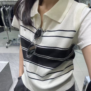 上衣 2025早秋新款 时尚 假两件条纹针织衫 女洋气翻领拉链拼接棉短袖