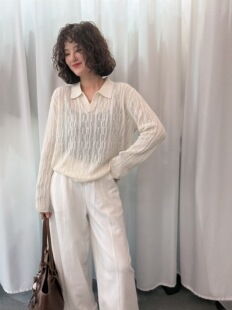 欧洲站2026年春装新款时尚翻领钩花绵羊毛针织衫女韩版长袖上衣潮