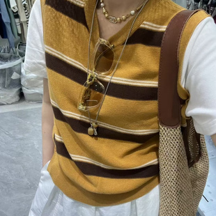 条纹上衣 欧洲站2025年早秋新款 时尚 假两件针织衫 女洋气拼接棉短袖