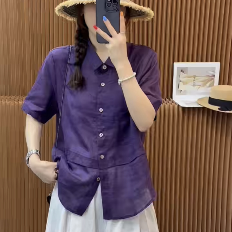 欧洲站2025年夏季新款时尚单排扣麻料衬衫女气质Polo领短袖薄上衣
