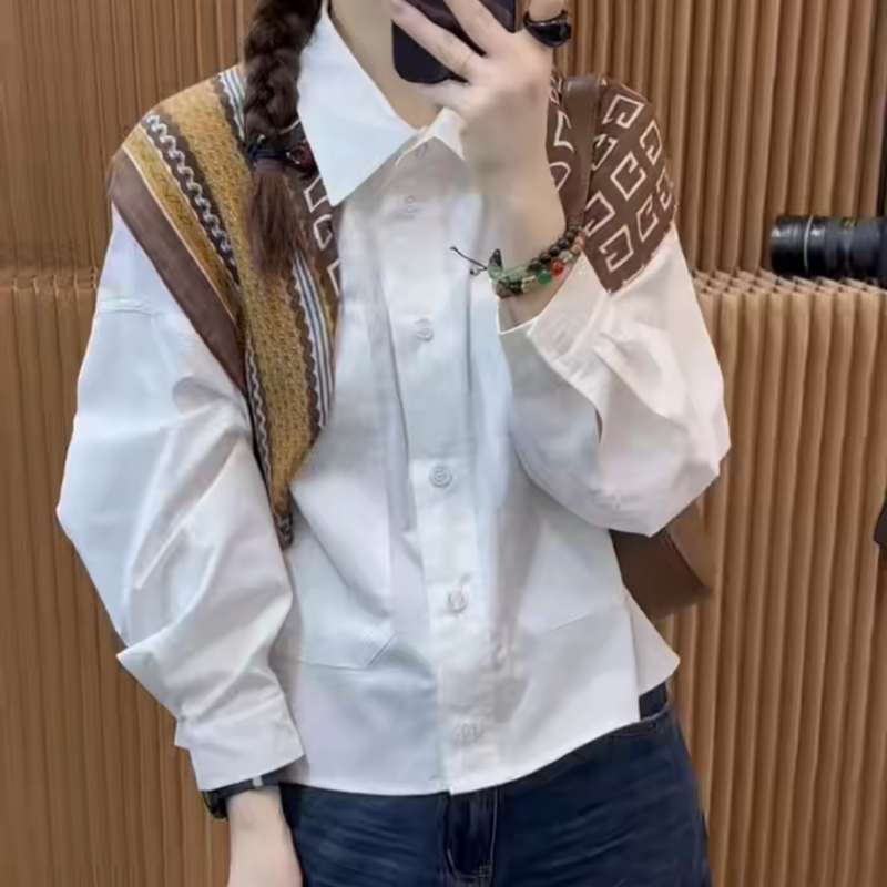 欧洲站2025年早秋新款时尚披肩衬衫两件套女翻领短款褶皱长袖上衣
