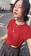 欧洲站2025夏季新款时尚领口银币面膜T恤女韩版圆领短袖红色上衣