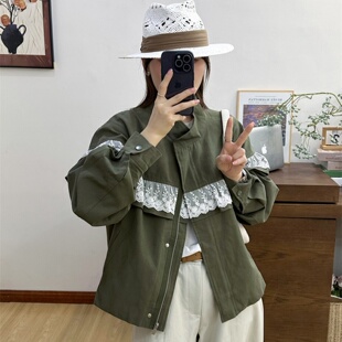 休闲宽松慵懒风遮肉外套女立领拼接蕾丝开衫 欧洲站2026年春装 新款