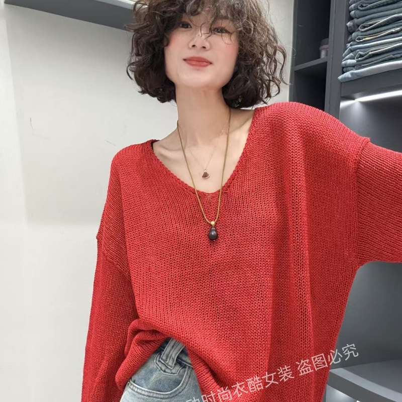 欧洲站2025春装新款时尚宽松V领长袖和纸纱针织衫女套头防晒罩衫