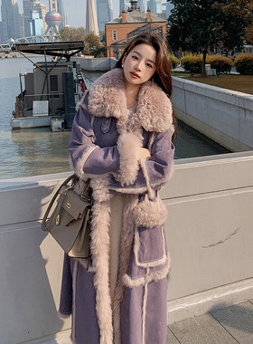 韩系冬装新款紫色长款女皮毛一体羊羔毛设计感厚实保暖2025流行色