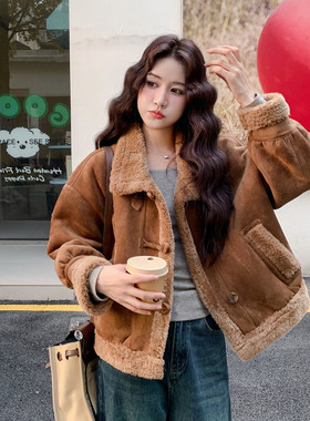 韩系时尚保暖咖色加厚2025休闲超好看冬装新款皮毛一体羊羔毛外套