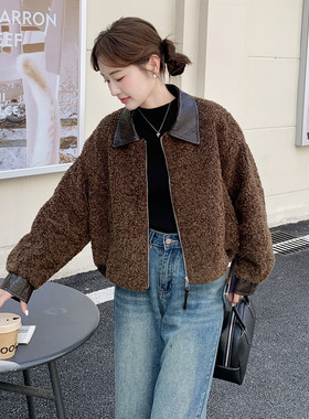 小个子冬装新款休闲简约咖啡色时尚PU皮毛翻领皮毛一体短外套