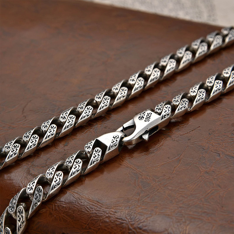 925纯银唐草纹项链男款简约ins锁骨链嘻哈百搭古巴链霸气毛衣链子