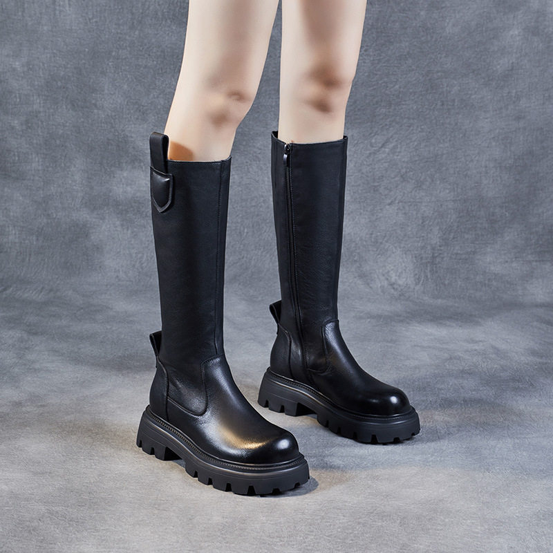 头层牛皮高筒靴厚底真皮女靴圆头中跟骑士靴冬款长靴时尚休闲纯皮,女鞋,骑士靴,淘宝优惠券,粉丝福利购,淘宝优惠卷