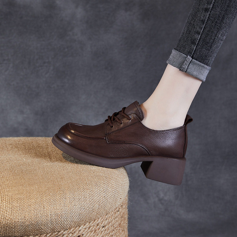 高跟鞋女2024年秋季新款真皮粗跟单鞋舒适黑色通勤鞋厚底小皮鞋子,女鞋,深口单鞋,淘宝优惠券,粉丝福利购,淘宝优惠卷