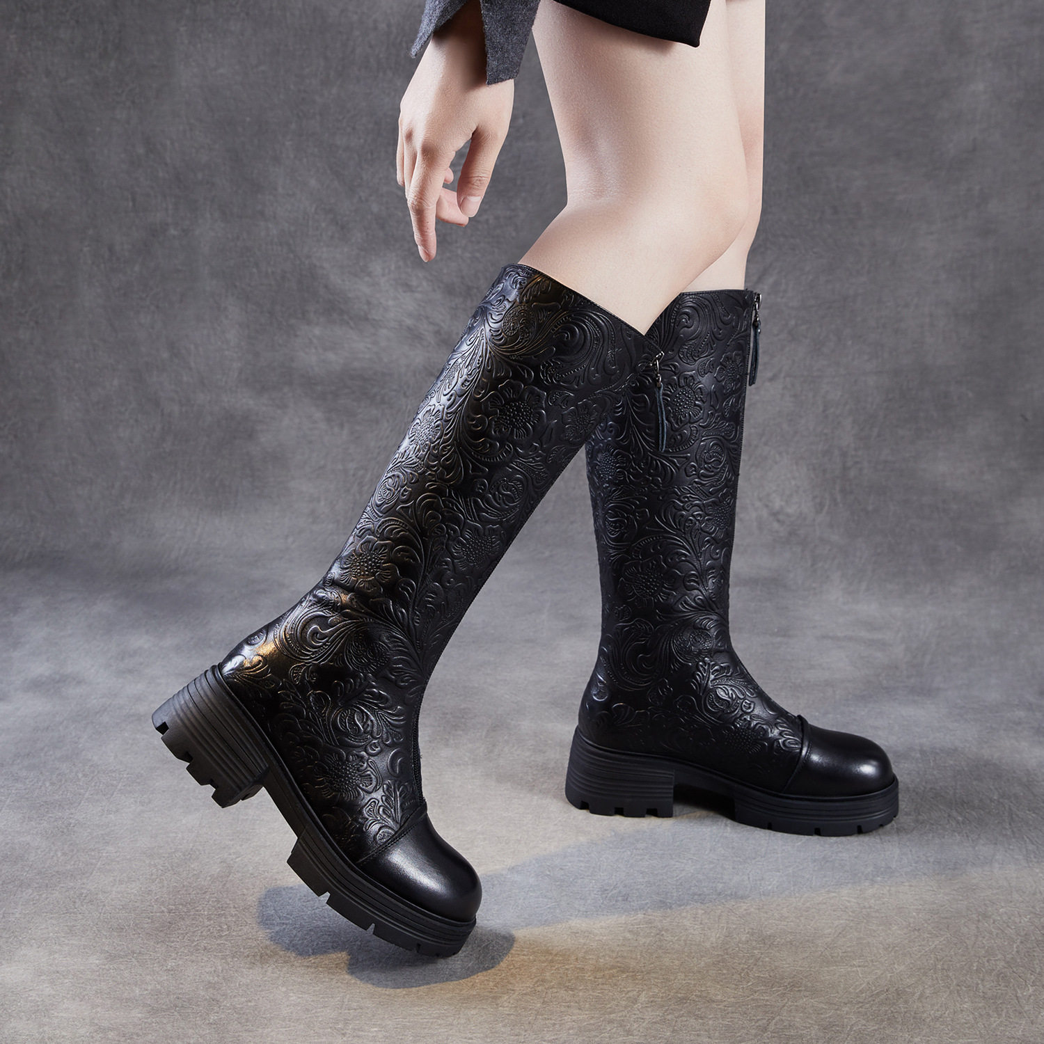 压花朵头层牛皮厚底粗跟高筒骑士靴女25冬款前拉链松糕底加绒长靴,女鞋,骑士靴,淘宝优惠券,粉丝福利购,淘宝优惠卷