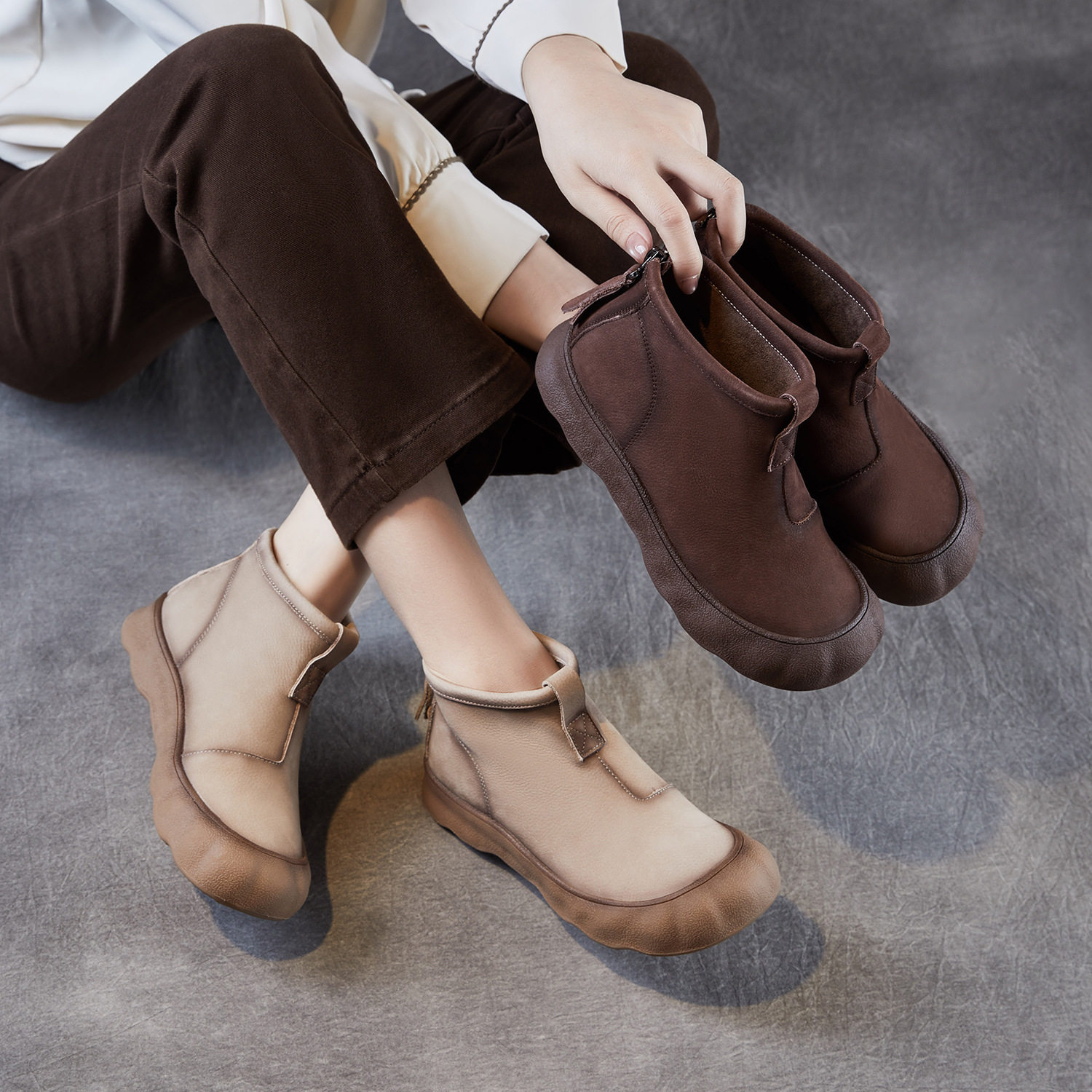 复古短靴女2025秋季新款头层牛皮休闲高帮舒适妈妈鞋后拉链马丁靴,女鞋,马丁靴,淘宝优惠券,粉丝福利购,淘宝优惠卷