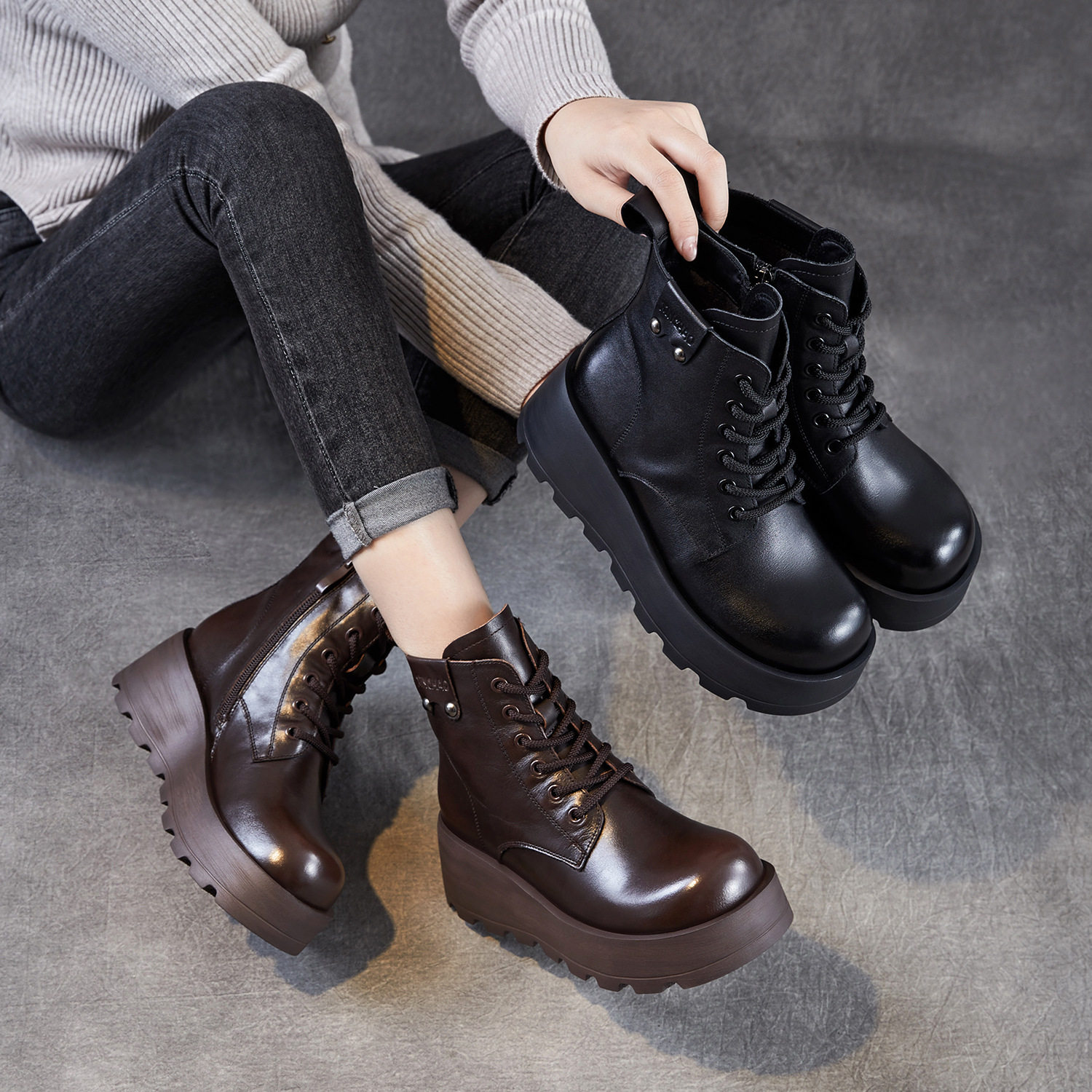 厚底马丁靴女25秋冬款英伦风圆头百搭真皮短靴松糕系带牛皮单靴子,女鞋,马丁靴,淘宝优惠券,粉丝福利购,淘宝优惠卷