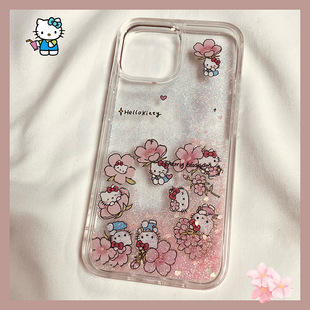 新款流沙闪粉樱花Kitty猫适用iphone15promax手机壳硬苹果16外壳14pro