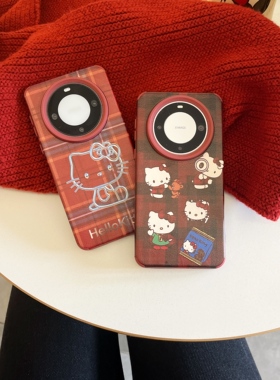 贴皮红色格纹KT猫适用华为mate60pro手机壳mate60全包镜头保护套mate40pro防摔mate50pro女款mate30pro手机套