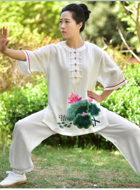 夏款棉麻短袖太极服女练功服竹节麻荷花半袖绣花太极拳服装武术服
