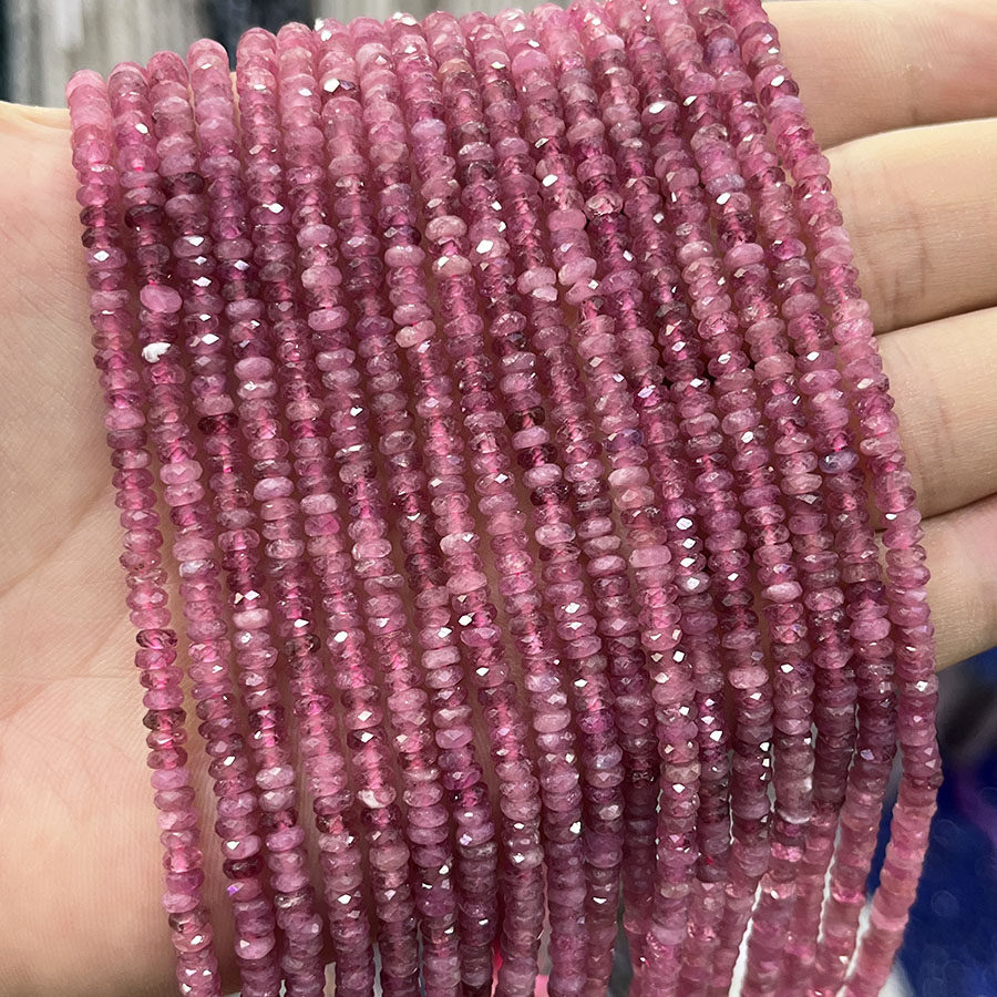 天然粉碧玺盘珠切面散珠手链项链半成品DIY水晶原石手串饰品配饰