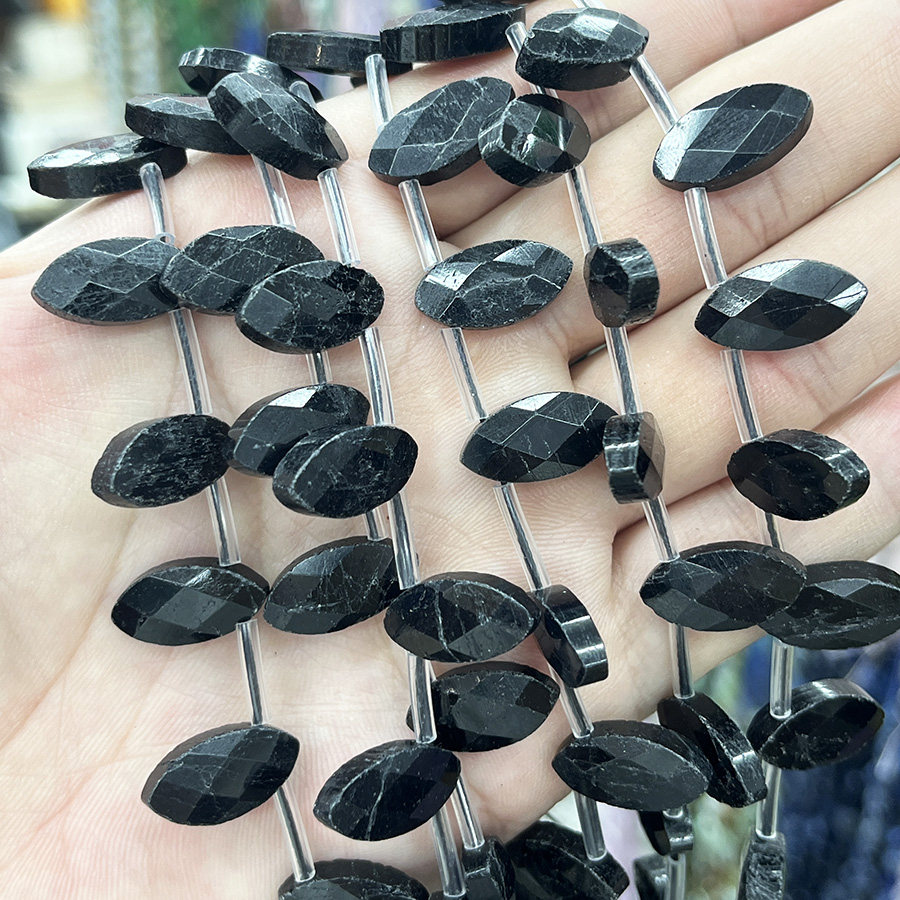 天然黑碧玺切面叶子散珠水晶原石手链项链半成品DIY手串饰品配件