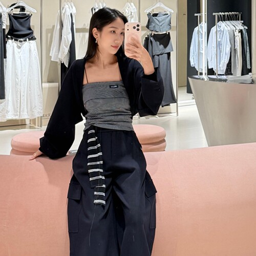 辣妹风条纹抹胸短外套两件套显瘦