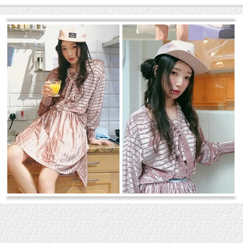DEAR栗/森女系丝绒上衣加半身裙  森林风格的条纹时尚套装裙子