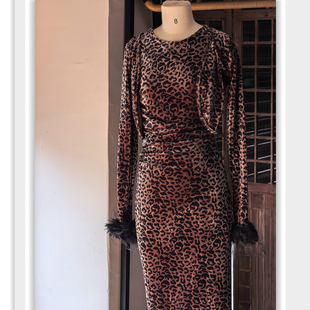 美拉德复古豹纹连衣裙两件套装 莫尼卡风贵气丝绒优雅披肩 欧式